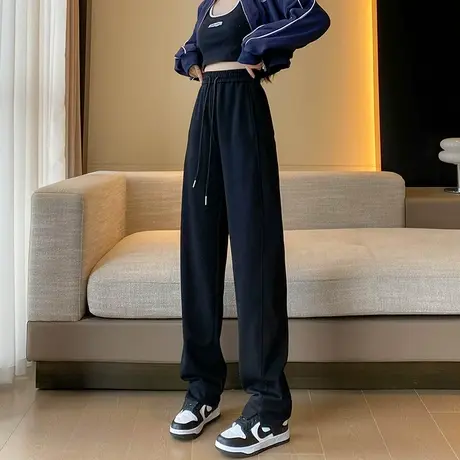 灰色阔腿运动裤女2024秋季新款美式松紧腰休闲卫裤高腰宽松直筒裤图片