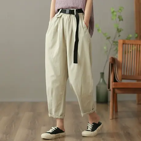 dza 高腰显瘦白色纯棉休闲裤女2023春季九分阔腿裤宽松百搭哈伦裤图片