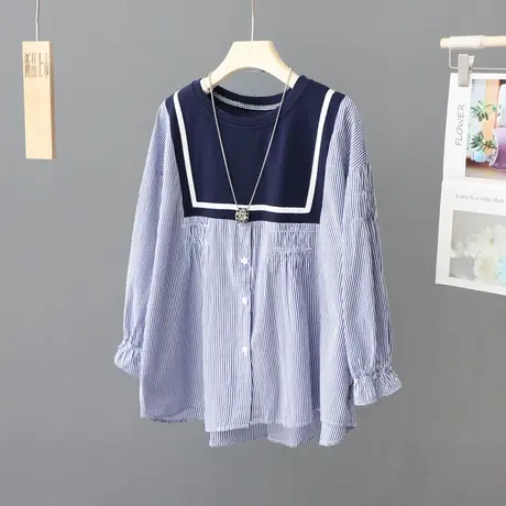 2024春季新款宽松海军风拼接长袖衬衫女小众条纹衬衣减龄上衣潮图片