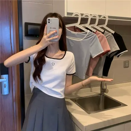 撞色方领T恤女夏季韩版2024新款修身显瘦短款内搭短袖打底衫上衣商品大图