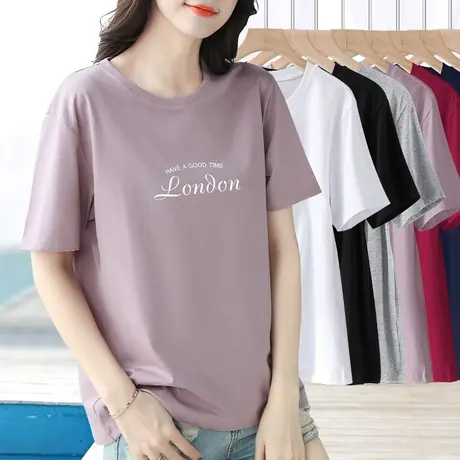 浅紫色字母印花圆领短袖t恤女夏纯棉宽松休闲百搭上衣半袖体恤衫商品大图
