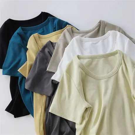 敲柔软/螺纹棉宽松显瘦圆领短袖t恤女轻薄透气学生居家休闲上衣夏商品大图