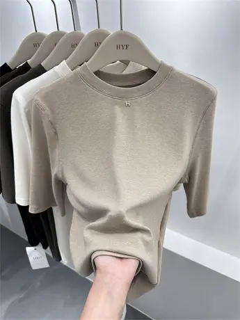 欧货羊绒五分袖t恤女2023新款早秋软糯中袖半高领打底小衫上衣商品大图