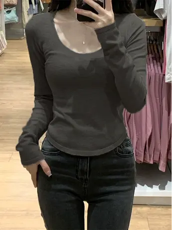 短款长袖t恤女2023新款春秋装冬季内搭打底衫小众设计感甜辣上衣商品大图