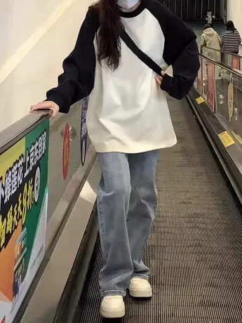 纯棉黑灰插肩t恤女秋季长袖宽松显瘦美式拼色情侣打底衫圆领上衣图片