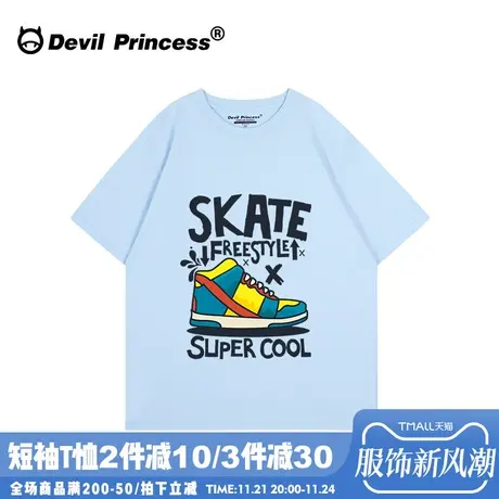 vintage古着感港风天空蓝短袖t恤女宽松韩版小众设计感上衣ins潮图片