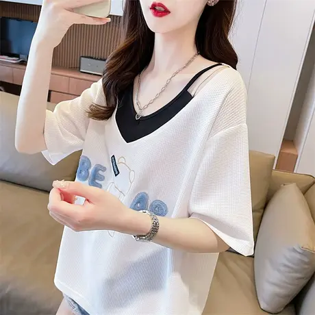 设计感小众华夫格短袖t恤女夏季韩版宽松大码撞色百搭假两件上衣商品大图