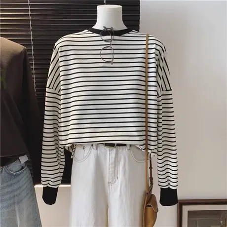 洋气减龄长袖T恤女韩版宽松休闲百搭秋冬装德绒保暖条纹上衣服潮商品大图