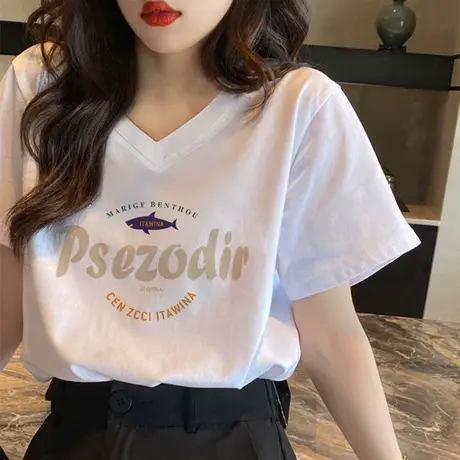 白色V领辣妹风t恤女夏季复古纯棉上衣ins潮胖mm遮肚显瘦半袖短袖商品大图