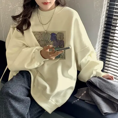 大码胖mm显瘦无帽圆领卫衣女秋季外套ins韩系慵懒风薄款遮肉上衣图片