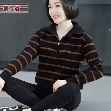 2025新款春装大翻领条纹宽松长袖毛衣女装休闲大码中年妈妈针织衫商品大图