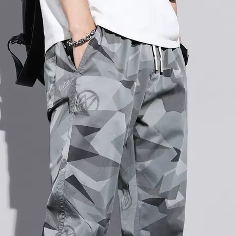 迷彩运动工装休闲裤子男士宽松紧腰束脚九分卫裤夏季薄款冰丝速干图片