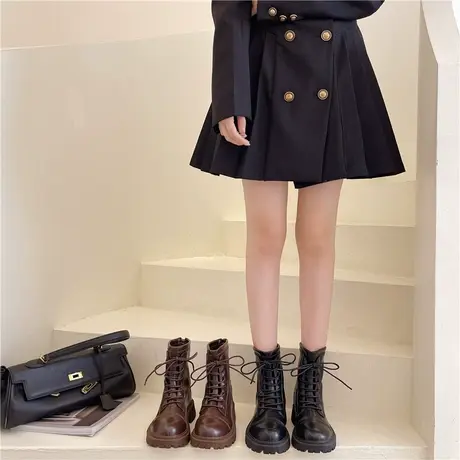 2024秋新款棕色马丁靴女粗跟圆头短靴复古百搭靴子显瘦英伦风厚底图片