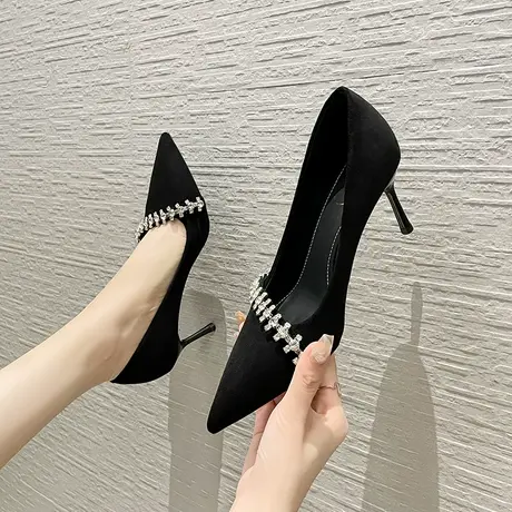 黑色高跟鞋女2024新款气质细跟尖头百搭一脚蹬通勤工作鞋绒面单鞋图片