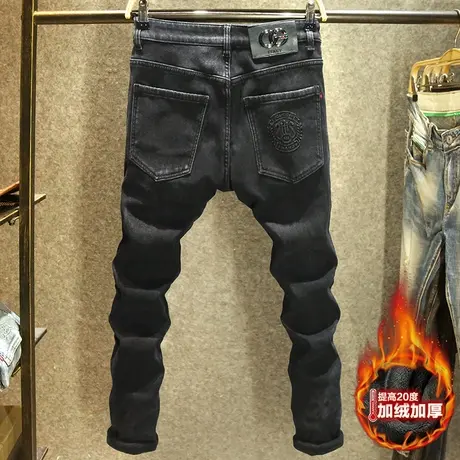 冬季加绒牛仔裤男黑色显瘦加厚裤子潮牌烫印青年休闲小脚裤秋冬款图片