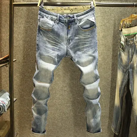 秋冬款浅色牛仔裤男款修身小脚裤高品质马骝水洗潮牌磨白帅气长裤商品大图