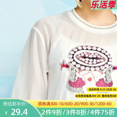 秋水伊人春装新款宽松女装欧根纱印花贴布荷叶边袖圆领上衣F1240图片