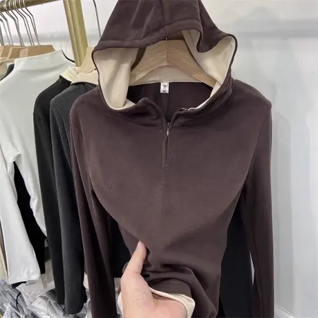 半拉链连帽卫衣女冬季德绒保暖修身显瘦洋气韩版加绒加厚保暖上衣商品大图