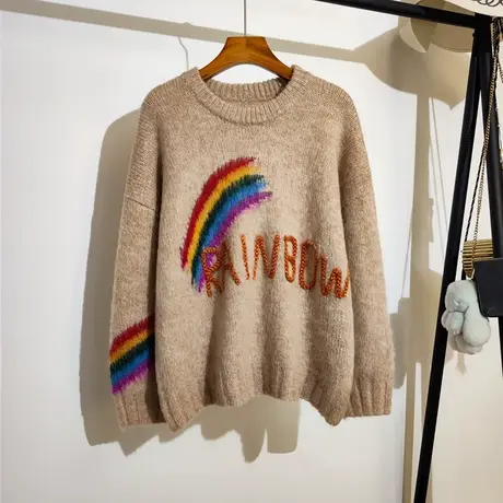 彩虹字母毛衣女宽松圆领套头秋冬新款时尚休闲百搭针织衫上衣外穿图片