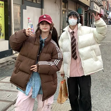 秋冬季条纹情侣棉衣男oversize宽松潮流棉服立领拉链开衫保暖棉袄商品大图