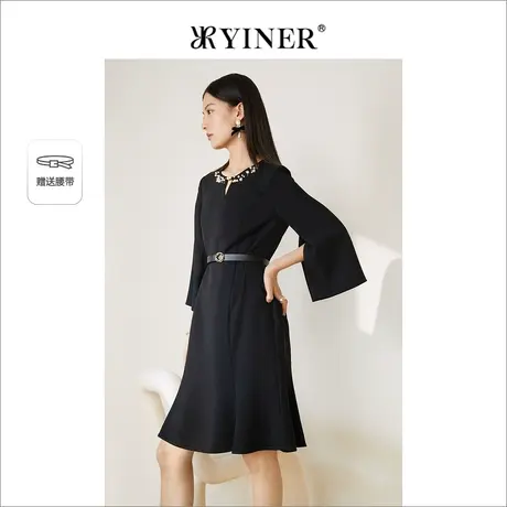 *品质-YINER音儿奥莱女装2022春季新款微开衩袖镂空领鱼尾连衣裙商品大图
