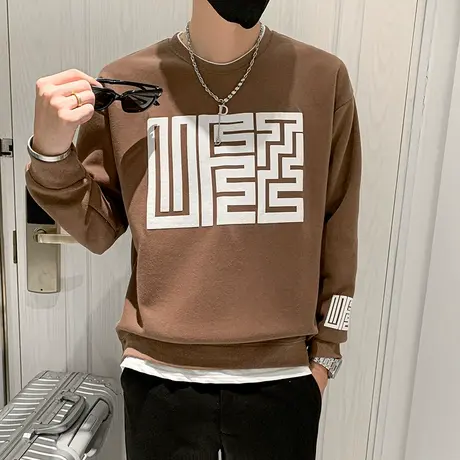 秋季男士卫衣t恤打底衫上衣长袖修身假两件潮流圆领体恤潮牌外套商品大图