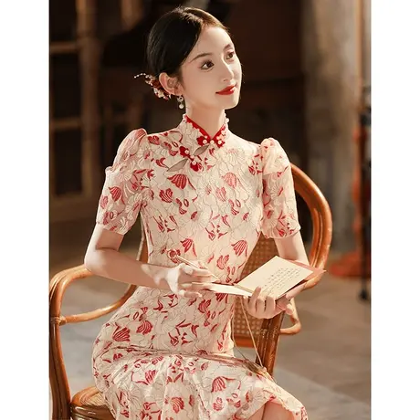 订婚连衣裙旗袍敬酒服新娘2023新款小个子红色礼服女夏季鱼尾蕾丝商品大图