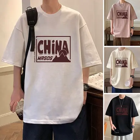 美式字母印花圆领短袖T恤男夏季潮牌上衣薄款纯棉体恤港风打底衫t商品大图