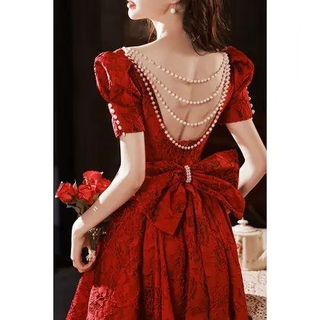 在逃公主敬酒服新娘夏季酒红色结婚订婚回门礼服连衣裙女钉珠露背商品大图