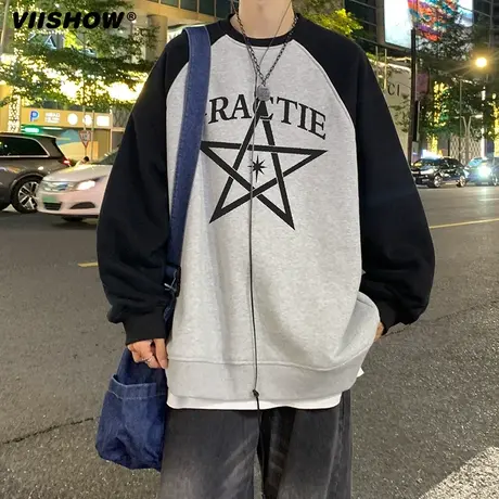VIISHOW复古拼接撞色卫衣男春季潮牌重磅无帽长袖宽松hiphop外套商品大图