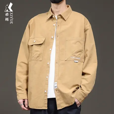 希越设计感长袖衬衫男2024新款潮牌刺绣夹克宽松大码纯棉男生外套商品大图