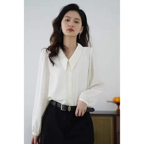 嘉茱莉2025新款法式复古衬衫外套女宽松翻领上衣外套小众白色衬衣图片