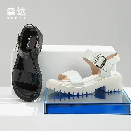 【清仓特卖】森达凉鞋女夏新简约潮流石头纹罗马鞋粗高跟Z0316BL1图片