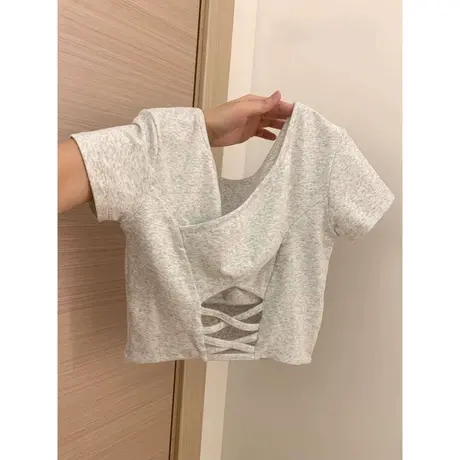 ins超火短款短袖T恤女早春夏装韩版百搭甜辣妹修身带胸垫上衣半袖商品大图