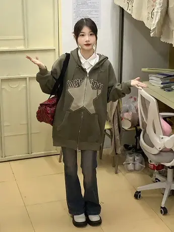 古着vintage外套女秋冬加绒加厚美式复古拉链连帽卫衣宽松慵懒风图片