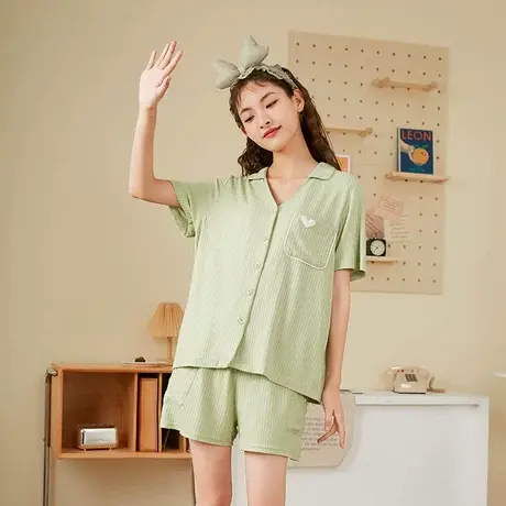 唐狮睡衣女夏春秋季可外穿ins风闺蜜薄款紫色短袖短裤家居服套装图片
