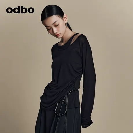 odbo 时髦时尚洋气黑色打底衫女2023早春新款上衣薄款透视露肩T恤商品大图