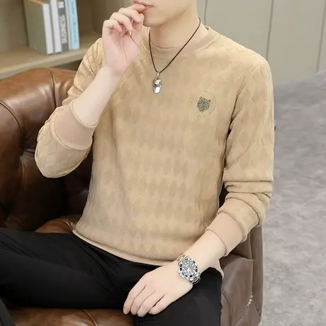 秋季新款男士套头卫衣休闲宽松时尚提花长袖T恤青年潮流圆领纯色商品大图