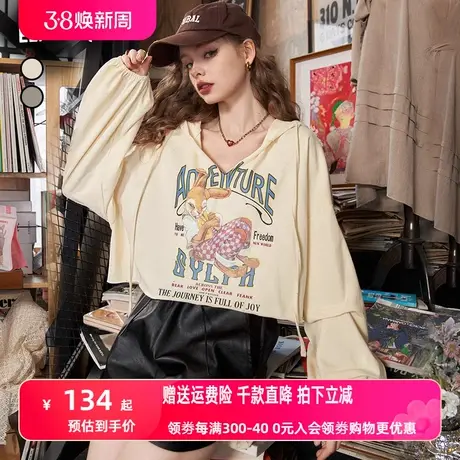 妖精的口袋短款长袖卫衣女2023秋季新款连帽美式v领小个子宽松潮图片