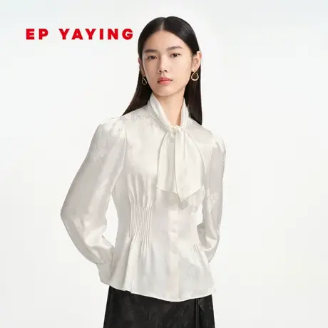 [唐嫣同款]EP雅莹女 新中式真丝缎面白色收腰衬衫 商场同款2212A商品大图
