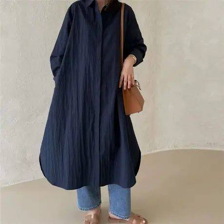 春秋新款简约中长款衬衫中长款文艺纯色宽松衬衣休闲大码连衣裙潮商品大图