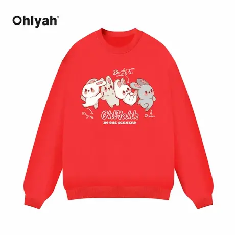 Ohlyah卡通兔年本命年红色过年喜庆卫衣女2023年新款春秋薄款外套商品大图