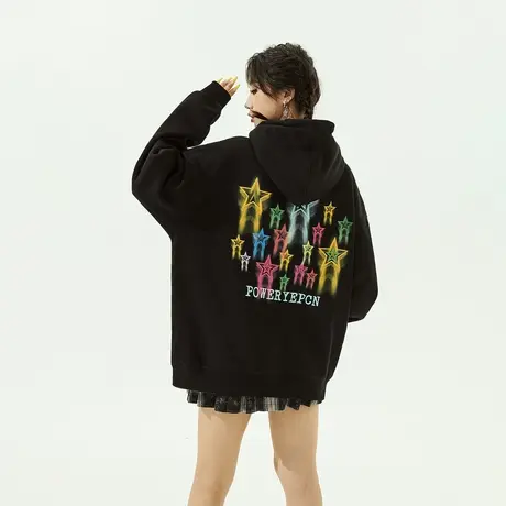 YEP星星美式连帽卫衣女春秋款2023新款潮牌黑色宽松oversize外套商品大图