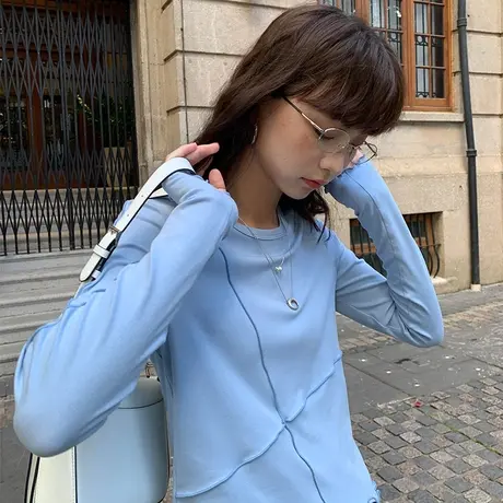 omont蛋挞家 长袖T恤2023早秋新款复古圆领设计感修身打底衫上衣商品大图