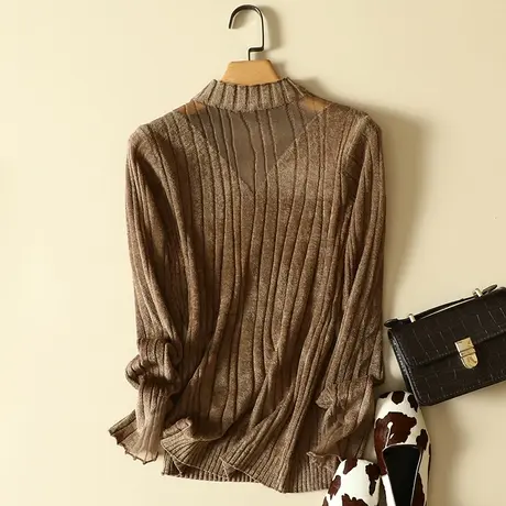 新款天鹅绒蕾丝半高领套头针织衫纯色内搭打底衫秋冬修身弹力毛衣商品大图