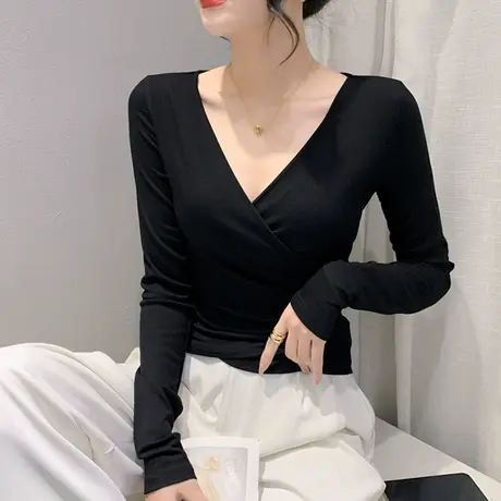 欧货性感V领交叉T恤女长袖洋气内搭打底衫秋装设计感小众高腰上衣商品大图