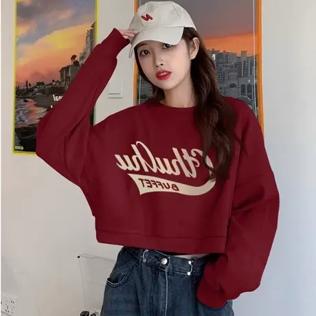 高级感卫衣女短款2023新款爆款秋冬chic港风复古圆领无帽上衣潮图片