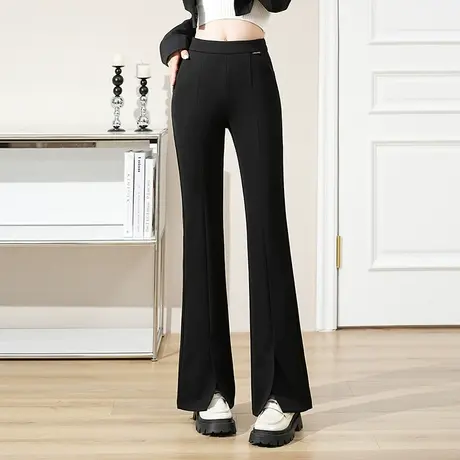 开叉松紧腰垂坠感长款黑色微喇裤女2023秋季新款高腰显腿长喇叭裤图片