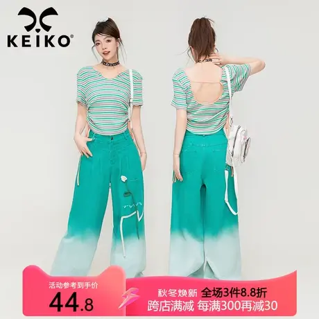 KEIKO 韩版彩虹条纹v领短袖t恤女夏日多巴胺穿搭针织露背短款上衣商品大图