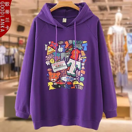 中年胖妈妈卫衣女200斤加肥加大码女装宽松洋气印花连帽卫衣外套商品大图